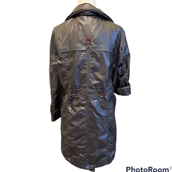 KENNETH Cole Reaction Black Shiny Rain Trench Coat Sz L - Picture 3 of 7